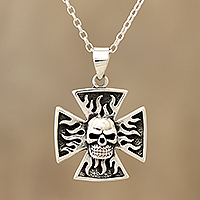 Sterling silver pendant necklace, 'Fiery Skull Cross' - Sterling Silver Skull Cross Pendant Necklace from India