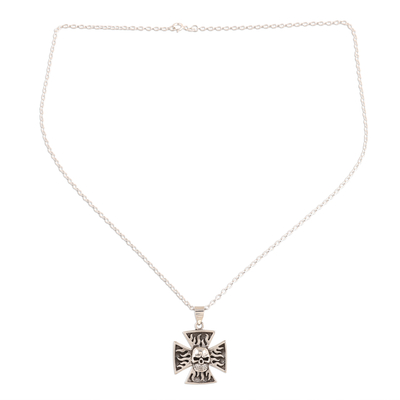 Sterling silver pendant necklace, 'Fiery Skull Cross' - Sterling Silver Skull Cross Pendant Necklace from India