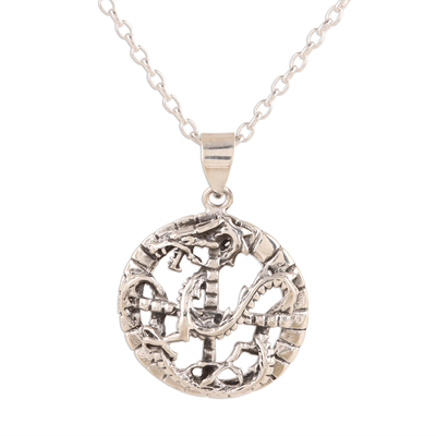 Circular Sterling Silver Dragon Pendant Necklace from India