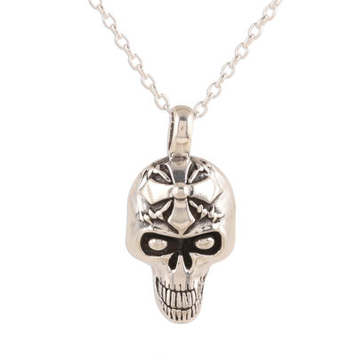 Sterling silver pendant necklace, 'Grinning Cross' - Sterling Silver Skull Cross Pendant Necklace from India