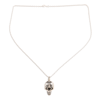 Collar colgante de plata de ley - Collar con colgante de cruz de calavera de plata de ley de la India