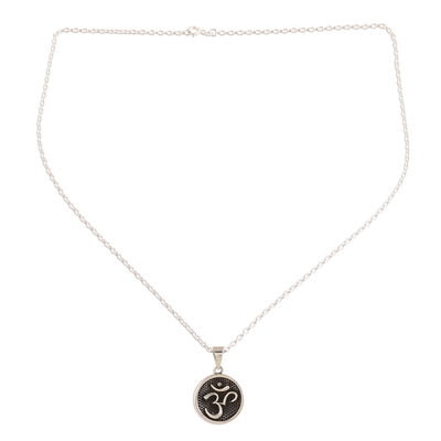 Sterling silver pendant necklace, 'Dark Om' - Dark Sterling Silver Om Pendant Necklace from India