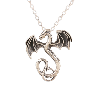 Combination-Finish Sterling Silver Dragon Necklace