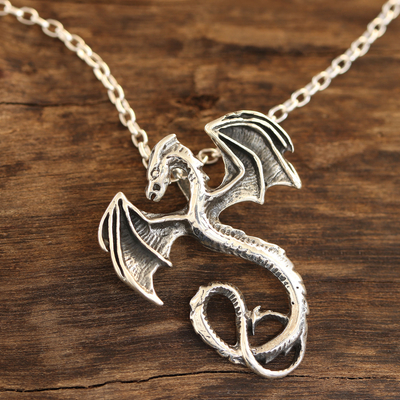 Collar colgante de plata esterlina - Collar dragón de plata de primera ley con acabados combinados