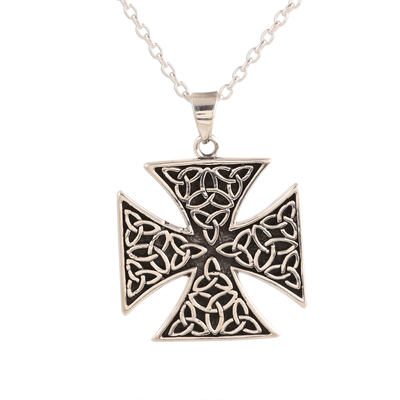 Sterling silver pendant necklace, 'Celtic Reverence' - Celtic Cross Sterling Silver Pendant Necklace from India