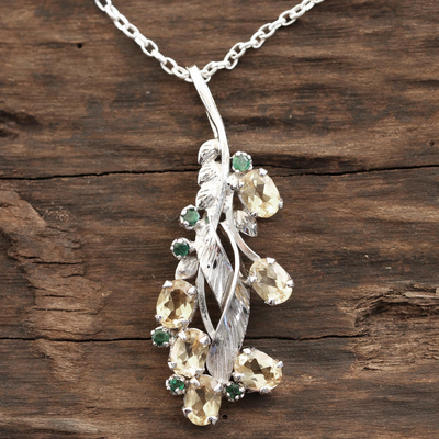 Rhodium plated citrine and emerald pendant necklace, 'Sunshine Alliance' - Rhodium Plated Citrine and Emerald Pendant Necklace