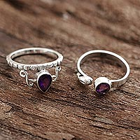 Faceted Amethyst Rings from India (Pair),'Glittering Harmony'