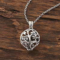 Sterling silver locket necklace, 'Happy Curl' - Curl Pattern Sterling Silver Locket Necklace from India