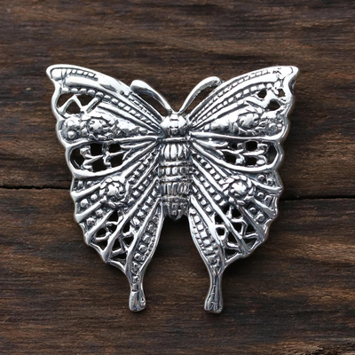 Sterling silver brooch pin, 'Inspiring Butterfly' - Sterling Silver Butterfly Brooch Crafted in India