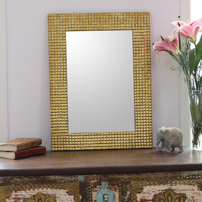 Brass wall mirror, 'Golden Squares' - Square Pattern Glass Wall Mirror from India