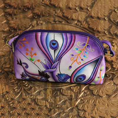 Leather sling, 'Purple Enigma' - Floral Leather Sling in Purple from India