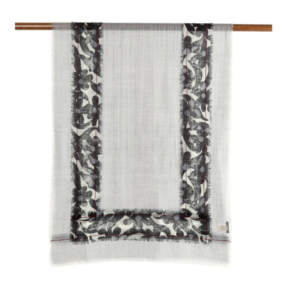 Wool shawl, 'Floral Frame' - Printed Floral Wool Shawl in Ash from India