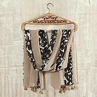 Wool shawl, 'Floral Taupe' - Printed Floral Wool Shawl in Taupe from India