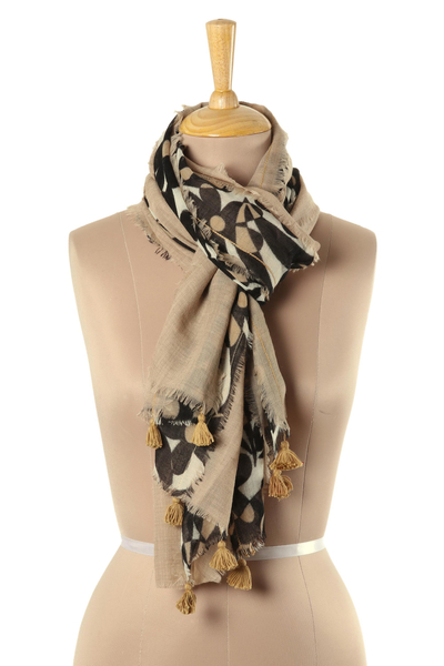 Wool shawl, 'Floral Taupe' - Printed Floral Wool Shawl in Taupe from India