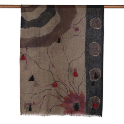 Wool shawl, 'Autumn Muse' - Floral Modern Printed Wool Shawl from India