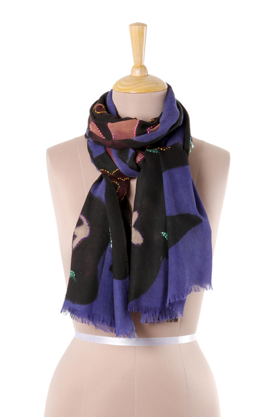 Wool shawl, 'Lapis Allure' - Modern Lapis and Black Wool Shawl from India