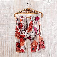 Red and Orange Floral Wool Shawl from India,'Morning Allure'