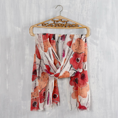 Wool shawl, 'Morning Allure' - Red and Orange Floral Wool Shawl from India