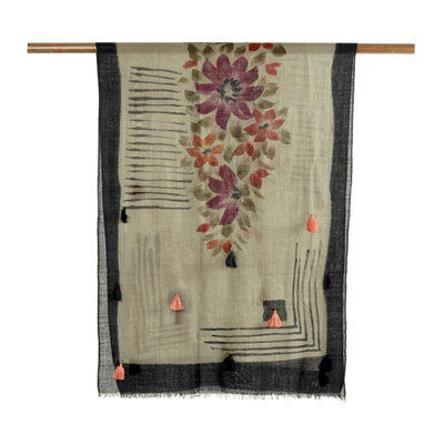 Wool shawl, 'Modern Serenity' - Modern Floral Printed Wool Shawl from India