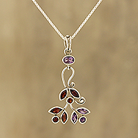 Amethyst and garnet pendant necklace, 'Leafy Dazzle' - Amethyst and Garnet Pendant Necklace from India