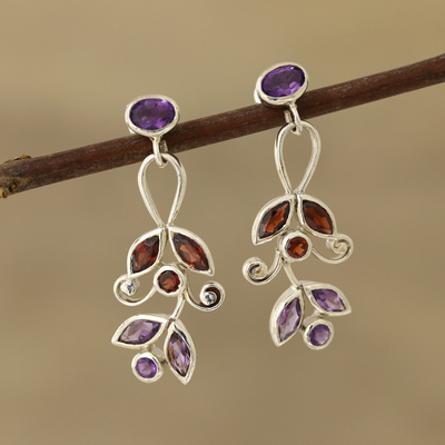 Amethyst and garnet dangle earrings, 'Leafy Dazzle' - Amethyst and Garnet Dangle Earrings from India