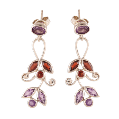 Amethyst and garnet dangle earrings, 'Leafy Dazzle' - Amethyst and Garnet Dangle Earrings from India