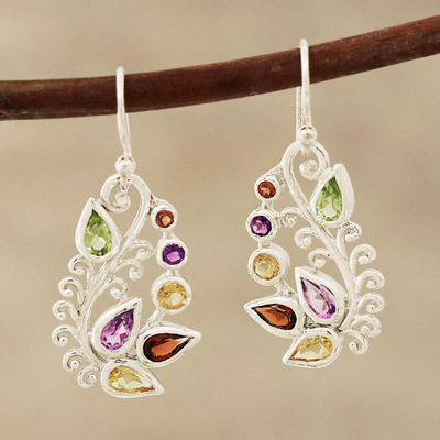 Multi-gemstone dangle earrings, 'Nature's Dazzle' - Multi-Gemstone Dangle Earrings from India