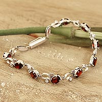 Garnet link bracelet, 'Endless Garden' - Garnet and Sterling Silver Garden Motif Link Bracelet