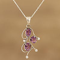 Amethyst pendant necklace, 'Dainty Flourish' - Amethyst and Sterling Silver Flourish Pendant Necklace