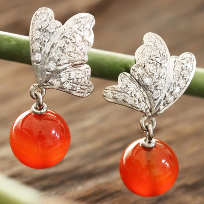 Carnelian dangle earrings, 'Elegant Persimmon' - Carnelian Bead and Sterling Silver Post Dangle Earrings