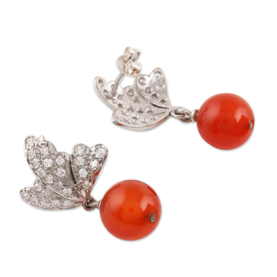Carnelian dangle earrings, 'Elegant Persimmon' - Carnelian Bead and Sterling Silver Post Dangle Earrings