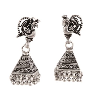 Sterling silver chandelier earrings, 'Peacock Pyramids' - Sterling Silver Peacock Chandelier Earrings from India