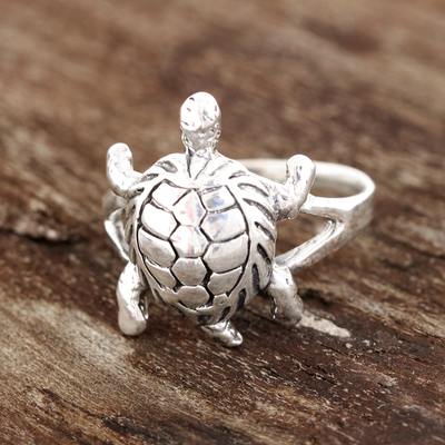 Sterling silver cocktail ring, 'Fascinating Turtle' - Sterling Silver Turtle Cocktail Ring from india