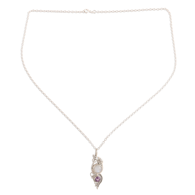 Rainbow moonstone and amethyst pendant necklace, 'Misty Elegance' - Leafy Rainbow Moonstone and Amethyst Pendant Necklace