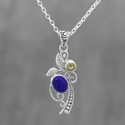 Lapis lazuli and citrine pendant necklace, 'Royal Shimmer' - Leafy Lapis Lazuli and Citrine Pendant Necklace from India