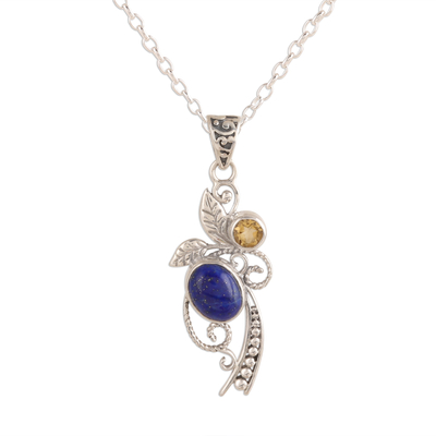 Lapis lazuli and citrine pendant necklace, 'Royal Shimmer' - Leafy Lapis Lazuli and Citrine Pendant Necklace from India