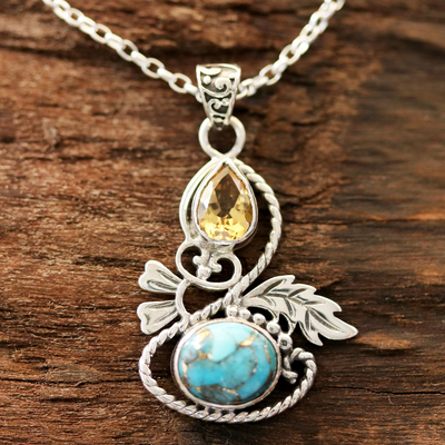 Citrine and composite turquoise pendant necklace, 'Delightful Garden' - Leaf Motif Citrine and Composite Turquoise Pendant Necklace
