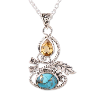 Citrine and composite turquoise pendant necklace, 'Delightful Garden' - Leaf Motif Citrine and Composite Turquoise Pendant Necklace