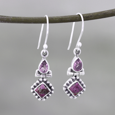 Amethyst dangle earrings, 'Teardrop Delight' - Amethyst and Composite Turquoise Dangle Earrings from India
