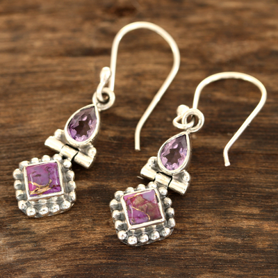 Amethyst dangle earrings, 'Teardrop Delight' - Amethyst and Composite Turquoise Dangle Earrings from India