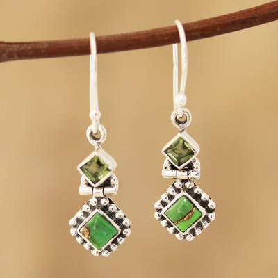 Peridot dangle earrings, 'Beautiful Delight' - Peridot and Composite Turquoise Dangle Earrings from India