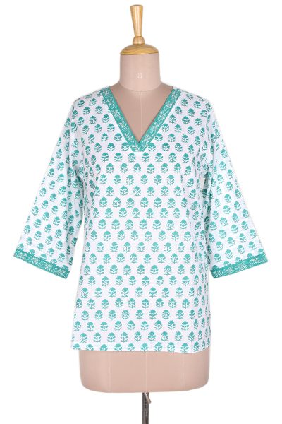 Block-printed cotton tunic, 'Emerald Garden' - Floral Block-Printed Cotton Tunic in Emerald from India
