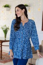 Block-printed cotton tunic, 'Indigo Jungle' - Vine Motif Block-Printed Cotton Tunic in Indigo from India