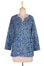 Block-printed cotton tunic, 'Indigo Jungle' - Vine Motif Block-Printed Cotton Tunic in Indigo from India