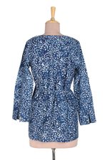 Block-printed cotton tunic, 'Indigo Jungle' - Vine Motif Block-Printed Cotton Tunic in Indigo from India