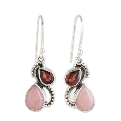 Garnet and opal dangle earrings, 'Two Teardrops' - Garnet and Opal Teardrop Dangle Earrings from India