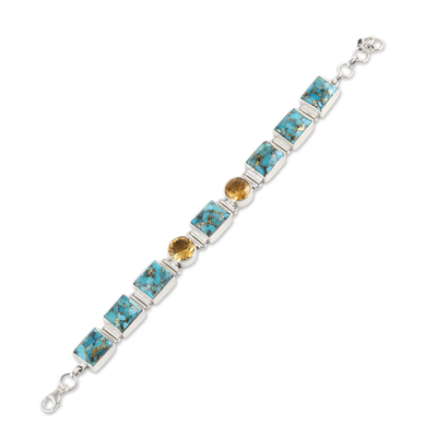 Citrine link bracelet, 'Connected' - Citrine and Composite Turquoise Link Bracelet from India
