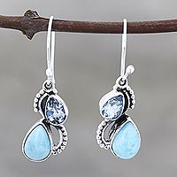 Blue topaz and larimar dangle earrings, 'Two Teardrops' - Blue Topaz and Larimar Teardrop Dangle Earrings from India