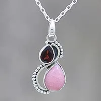 Garnet and opal pendant necklace, 'Two Teardrops' - Garnet and Opal Teardrop Pendant Necklace from India