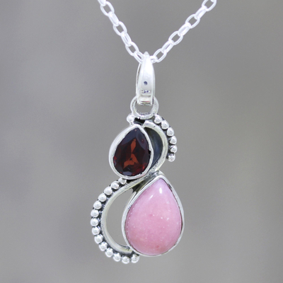 Garnet and opal pendant necklace, 'Two Teardrops' - Garnet and Opal Teardrop Pendant Necklace from India